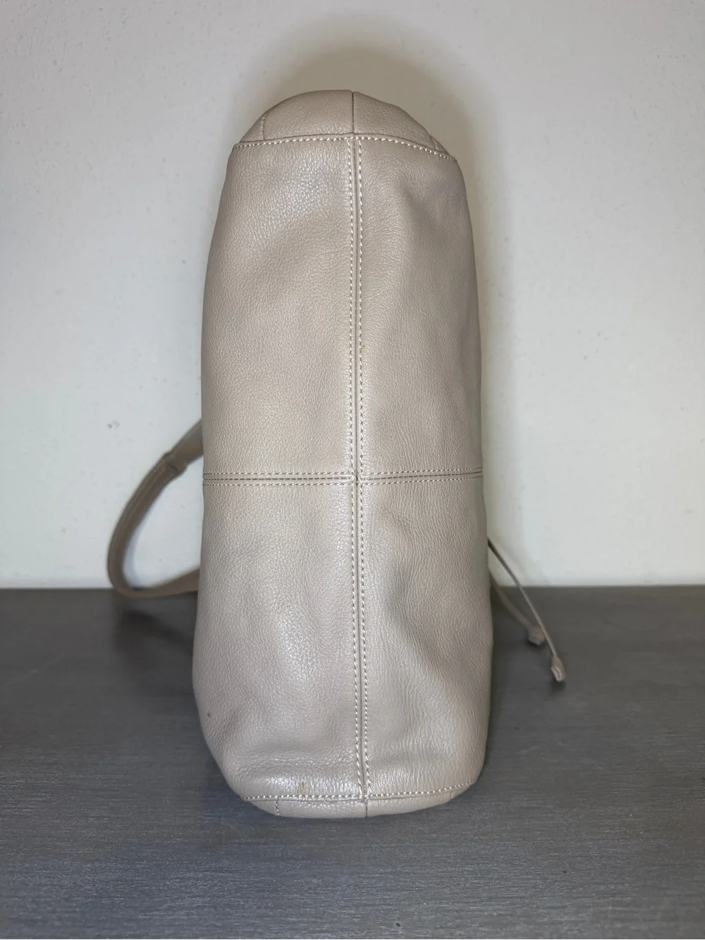 J. Jill Taupe Pebbled Leather Drawstring Bucket Bag Shoulder Purse Handbag